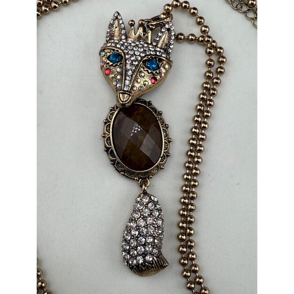 Betsey Johnson Fox Necklace Pendant Gold Tone Rhinestone 32" - Picture 2 of 8